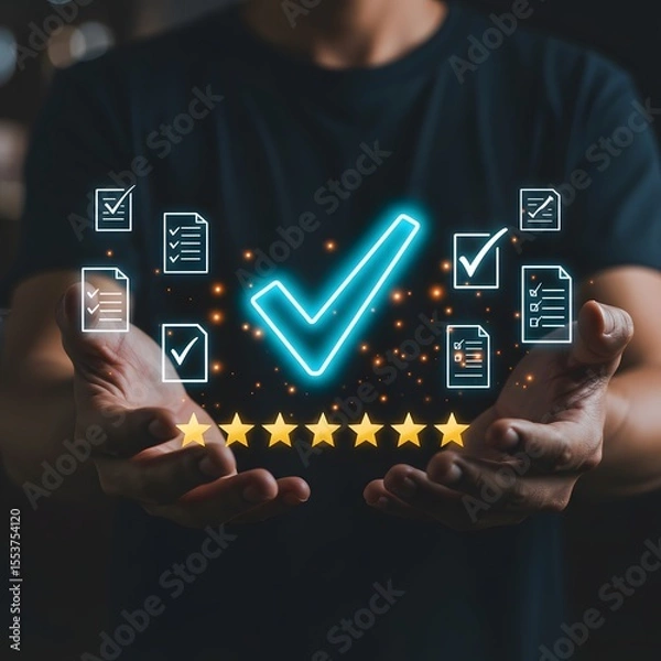 Fototapeta Man holding glowing checkmark and checklist icons with five stars for quality assurance