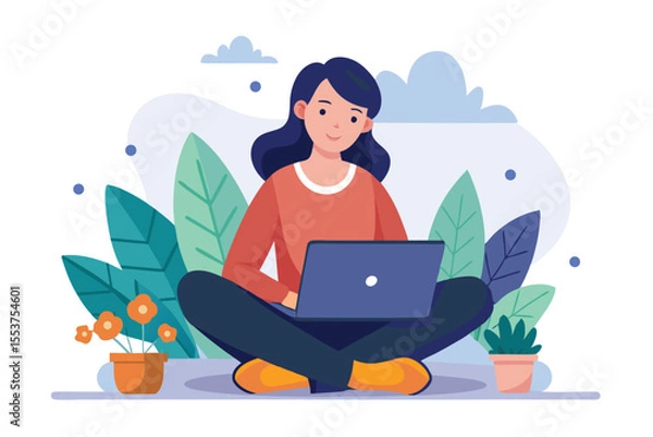 Fototapeta Woman working on a laptop while sitting cross-legged in an isolated, clean environment with plants and flowers in the background