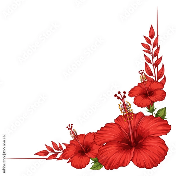 Obraz red hibiscus flower corner frame vector illustration isolated