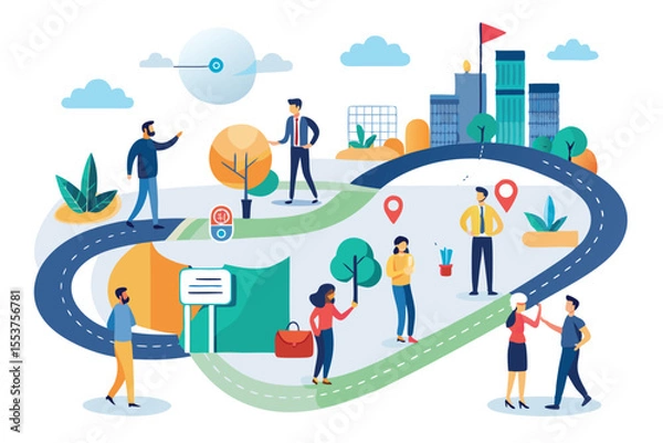 Fototapeta Illustration showcasing the main stages of the project management process with diverse characters and elements in a vibrant city landscape