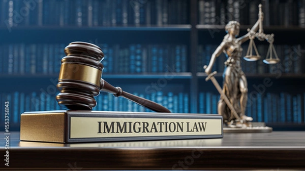 Fototapeta Immigration Law: Judge's Gavel as a symbol of legal system, Themis and wooden stand with text word on the background of books