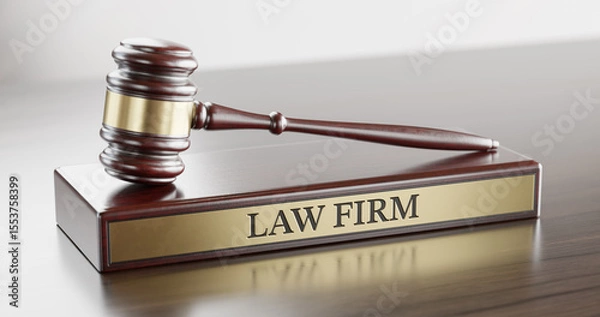Fototapeta Law Firm: Judge's Gavel as a symbol of legal system and wooden stand with text word