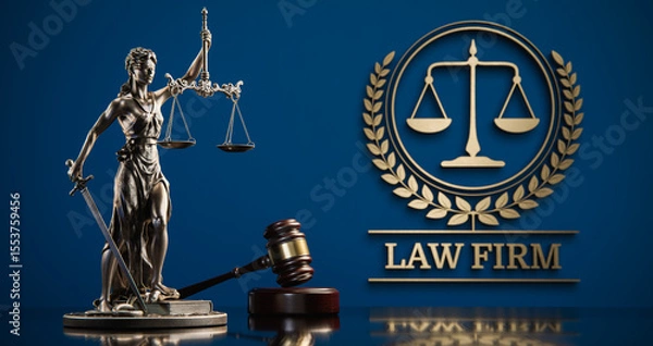 Fototapeta Law Firm: Themis and judge's gavel in the background of a golden icon with scales and text