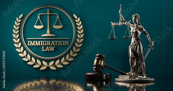Fototapeta Immigration Law: Themis and judge's gavel in the background of a golden icon with scales and text
