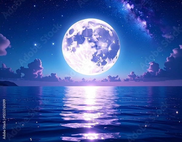 Fototapeta A dreamy night sky filled with glowing stars, a large full moon casting soft light over a calm ocean, deep blue and purple tones, highly detailed fantasy wallpaper"
