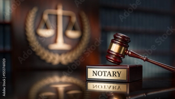 Fototapeta Notary: Judge's Gavel as a symbol of legal system and wooden stand with text word
