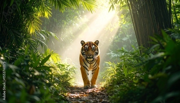 Fototapeta A majestic tiger walking through a misty jungle, sunlight filtering through leaves, realistic style, high contrast green and golden tones wallpaper"
