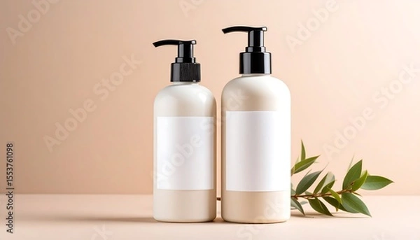 Fototapeta Two White Lotion Bottles With Black Pumps And Blank Labels Against Beige Background