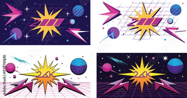 Fototapeta Vector art of retro styled 80s and 90s inspired geometric starburst patterns with neon colors create a vibrant background