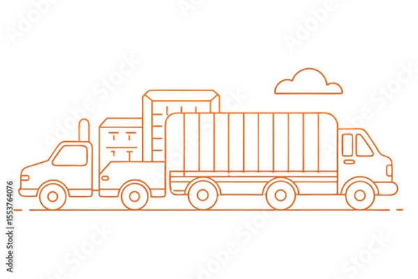Fototapeta Continuous line drawing of cargo trucks transporting goods through a landscape with clouds in the background
