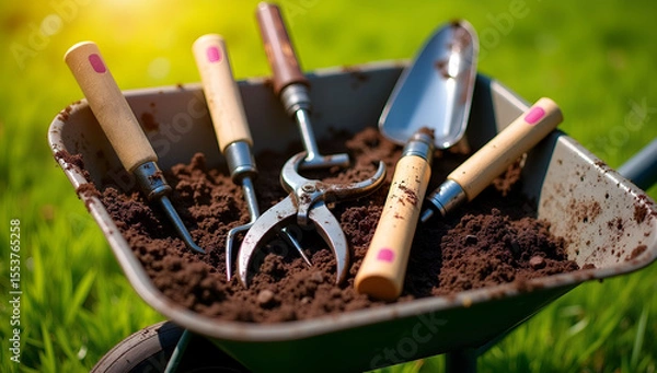 Fototapeta Earthy Essence: A Wheelbarrow's Gardening Charm