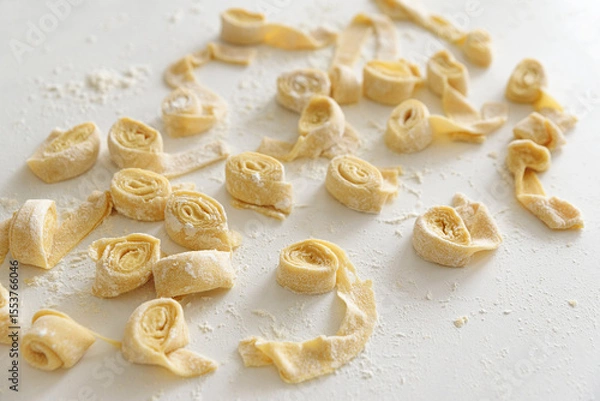 Obraz Freshly made raw pasta noodles on a white surface.