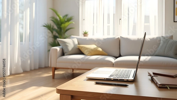 Fototapeta Bright Living Room: A Paradigm of Modern Remote Work Setup