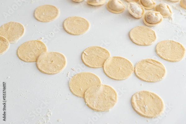 Obraz Raw homemade dumpling dough circles and raw dumplings on a white surface.
