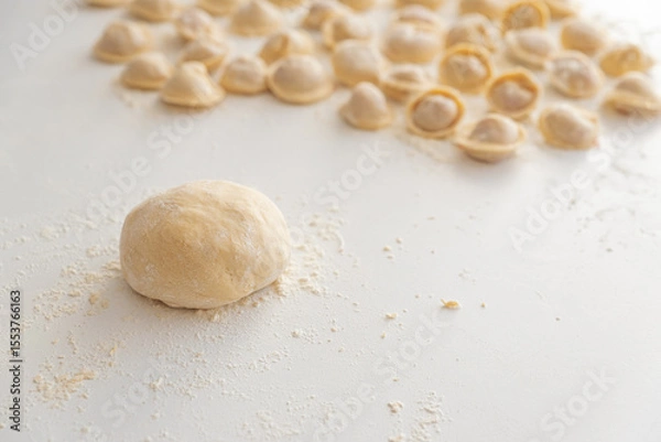 Obraz Raw homemade dumplings dusted with flour.