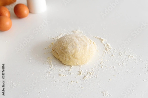 Obraz Preparing homemade tagliatelle pasta on on white table: dough and ingredients. Top view