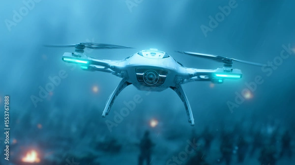 Fototapeta A sleek drone equipped with glowing blue lights hovers over a chaotic battlefield. Soldiers and debris are visible amidst a smoky, dimly lit atmosphere, creating a tense, dramatic setting