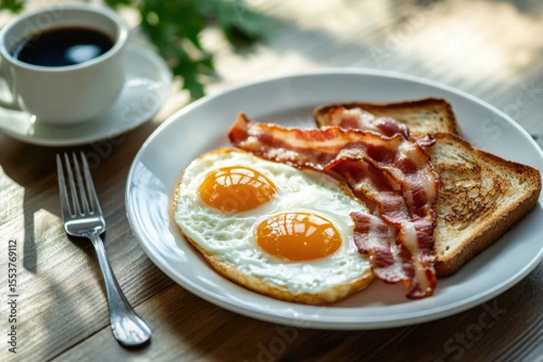Fototapeta Homemade American breakfast. Fried eggs with bacon and toast, a cup of coffee and a fork on a wooden table. Healthy breakfast. The concept of healthy eating. Morning Sunlight