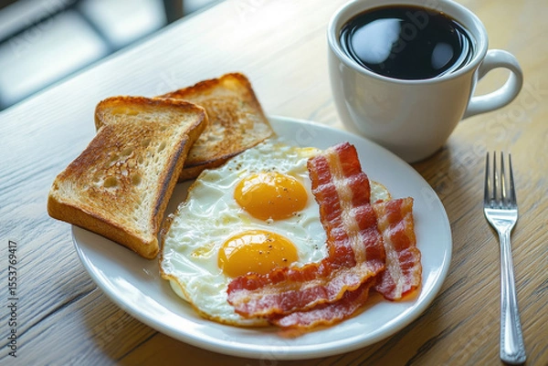 Fototapeta Homemade American breakfast. Fried eggs with bacon and toast, a cup of coffee and a fork on a wooden table. Healthy breakfast. The concept of healthy eating. Morning Sunlight