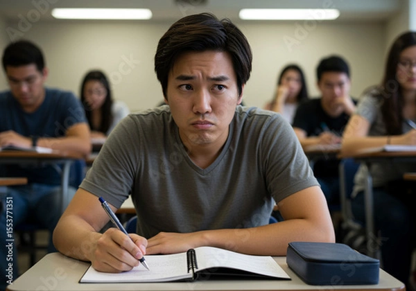 Fototapeta Puzzled male student taking notes during class