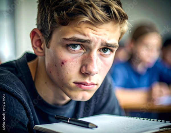 Fototapeta Confused Teenage Student with Tired Eyes in Classroom