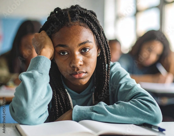Fototapeta Worried Teenager with Bruised Eyes Studying in Class