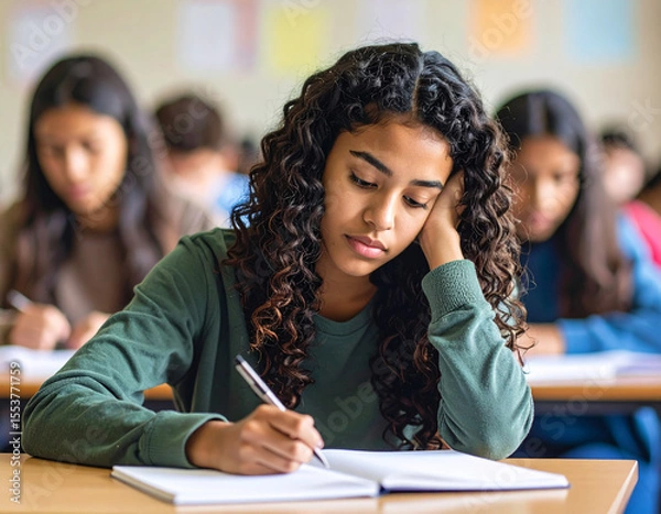 Fototapeta Thoughtful teenage girl sitting in class with head resting on hand and blank notebook