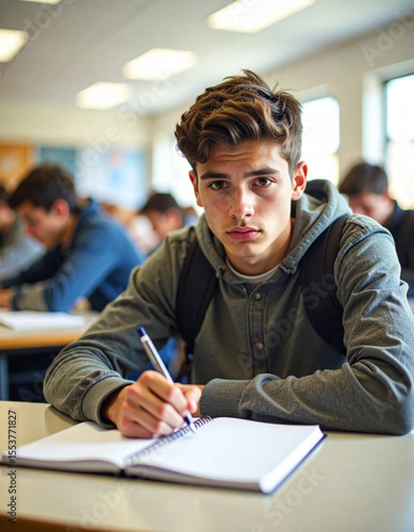Fototapeta Young male student sitting confused in classroom with head resting on hand and notebook