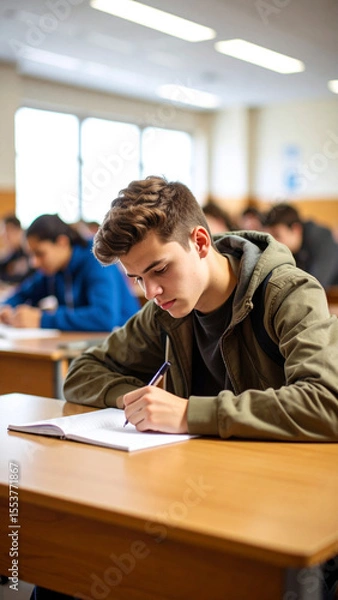 Fototapeta Teen Boy Sitting in Classroom Focused on Writing in Notebook