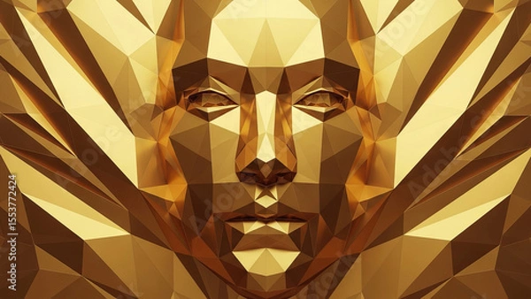 Fototapeta Abstract golden face with geometric low poly design and shiny texture