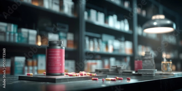 Fototapeta Modern Pharmacy Counter A Variety of Medications and Supplements on Display, Representing Healthcare, Research, and Wellness Solutions for Patients