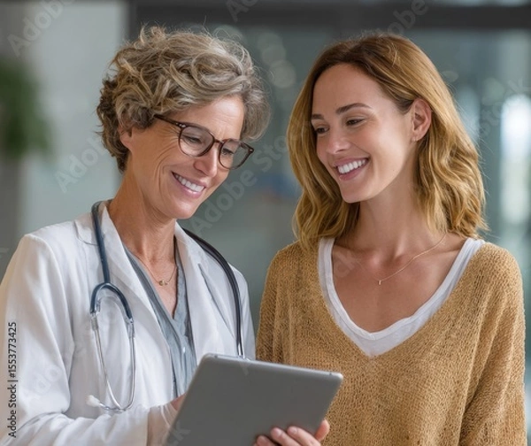 Fototapeta Trusted Medical Consultation Doctor and Patient Reviewing Health Information on a Tablet, Fostering Open Communication and Personalized Care
