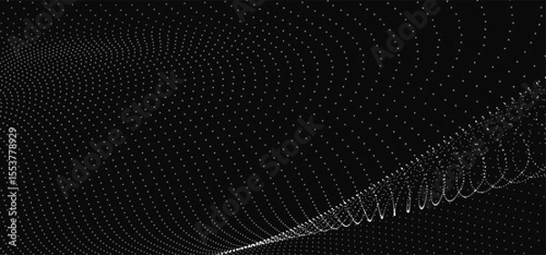 Obraz Futuristic dot wave. Abstract digital particle wave. Black and white music wave. Dark background. Digital background with smooth wavy curves. 3D rendering