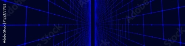 Obraz Futuristic colorful perspective grid. Abstract wireframe with blue grid on black background. Virtual landscape in digital style of 80s 90s. Simple perspective grid for design. 3D rendering