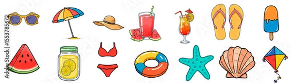 Fototapeta Collection of vibrant summer vacation items. Hand drawn beach and holiday essentials on transparent background, perfect for travel concepts.