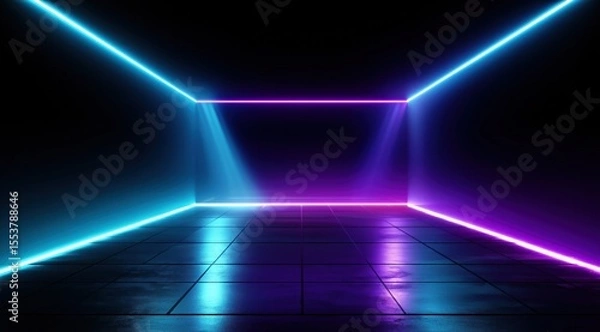 Fototapeta Arrière-plan avec néons de lumières bleus et violettes brillantes dans une pièce vide noire, scène sombre pour une boîte de nuit, une piste de danse ou un spectacle futuriste.