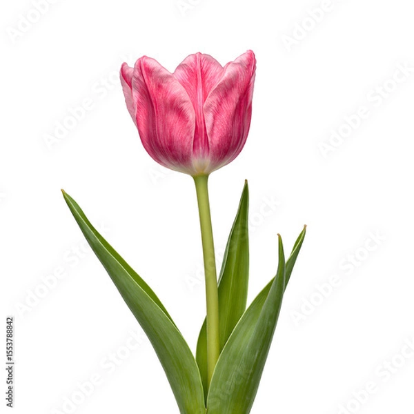Obraz Vibrant pink tulip with lush green stem and leaves freshly cut and centered on a crisp white backdrop Perfect for spring concepts