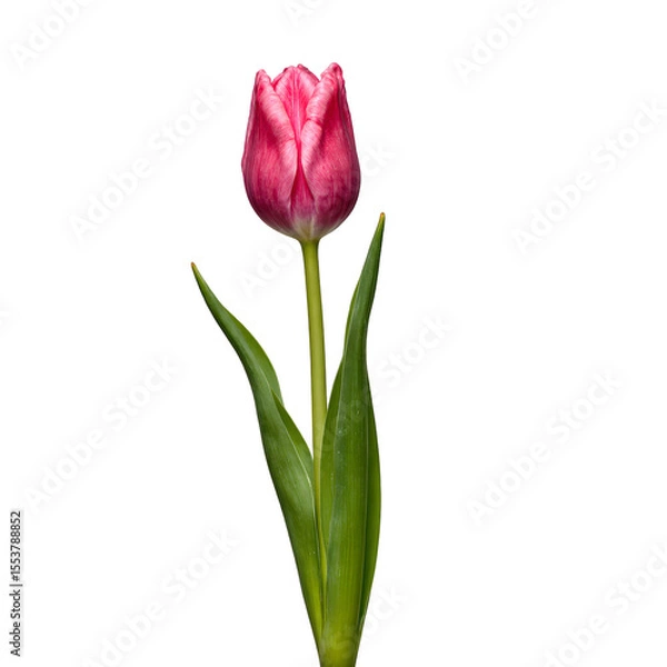 Obraz Vibrant pink tulip with lush green stem and leaves freshly cut and centered on a crisp white backdrop Perfect for spring concepts