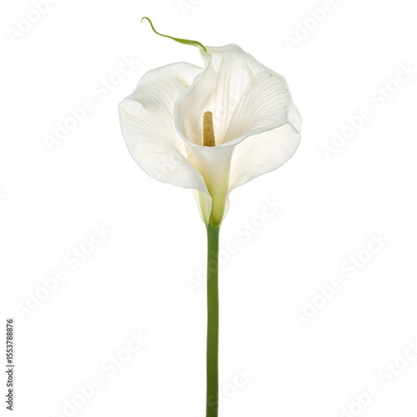 Obraz Exquisite white calla lily with gracefully curved petals and a long stem displayed centrally on a clean white background
