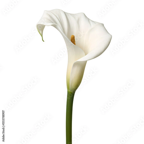 Obraz Exquisite white calla lily with gracefully curved petals and a long stem displayed centrally on a clean white background