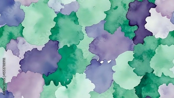 Fototapeta Delicate combination of mint green and pale lilac watercolor with soft ink diffusion evokes calm sophistication