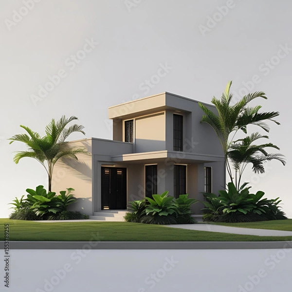 Fototapeta Tropical architectural luxury home or hotel with a view of palm trees and sky