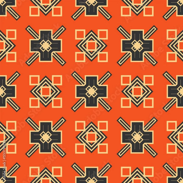 Fototapeta Seamless pattern with black and white geometric ornament on orange background. Vector illustration
