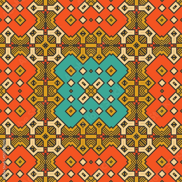 Fototapeta Seamless pattern with complex Slavic ornament with orange color predominance. Vector illustration