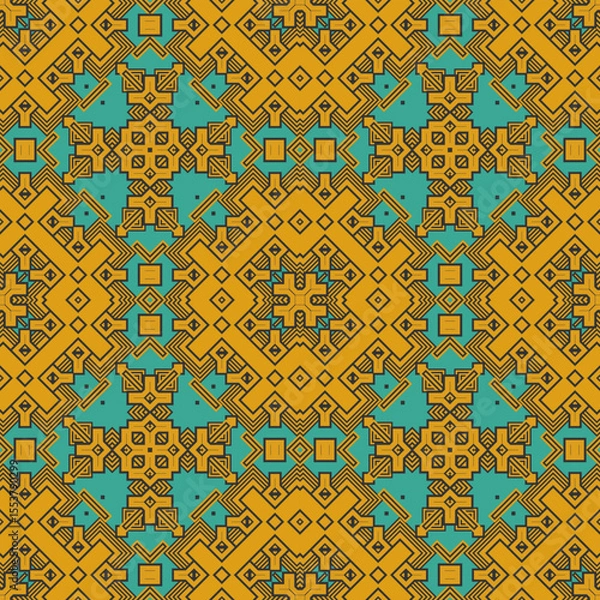 Fototapeta Seamless pattern with complex yellow ethnic ornament on blue background. Vector illustration