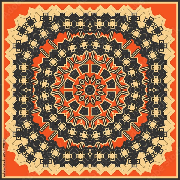 Fototapeta Black and beige complex ethnic mandala on orange background. Design for bandana, plaid, neckerchief or other. Vector illustration