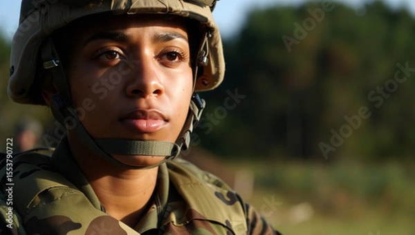 Obraz A female soldier in full military gear gazes thoughtfully into the distance at a training ground during a clear afternoon, highlighting dedication to service. Generative AI.