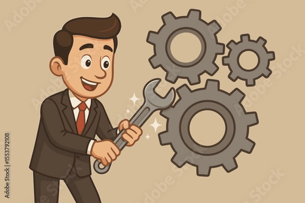 Fototapeta Businessman Cartoon with Wrench Adjusting Gears, Technical Support Maintenance Concept, Teamwork, Problem Solving, Process Optimization, Engineering, Vector Illustration