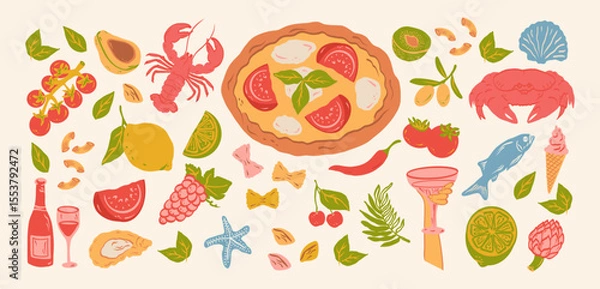 Obraz Hand drawn mediterranean food illustration set. Minimalist line art. Pasta, olive, pizza, tomato, lemon, crab, lobster, grapes, wine for invitations, menus, parties. Vector.