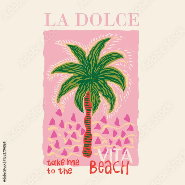 Obraz hand drawn palm Leaves background. palm tree  design.summer t shirt  design.  tropical print design. california long beach typogaphy graphics